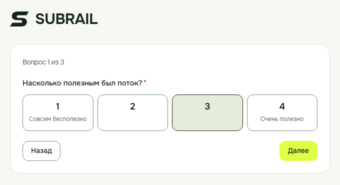 Вопрос со шкалой 1–4 и подписями краёв, кнопки «Назад» и «Далее»